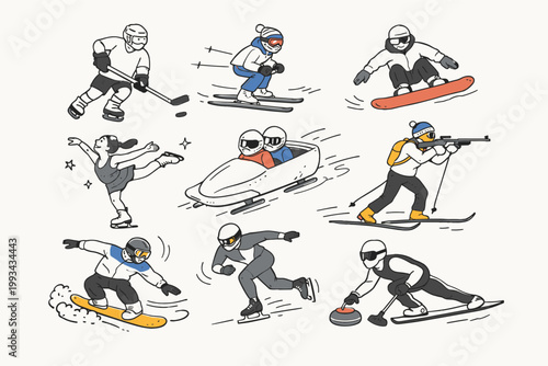 Hand-drawn winter sports athletes doodle set featuring ice hockey, skiing, snowboarding, figure skating, bobsleigh, biathlon, speed skating, and curling isolated on a white background.