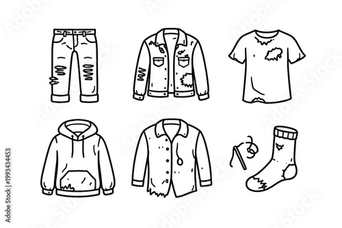 Vector line art icon set of worn and torn clothing including ripped jeans, patched denim jacket, tattered t-shirt, distressed hoodie, frayed shirt, and a sock with needle and thread for repair.