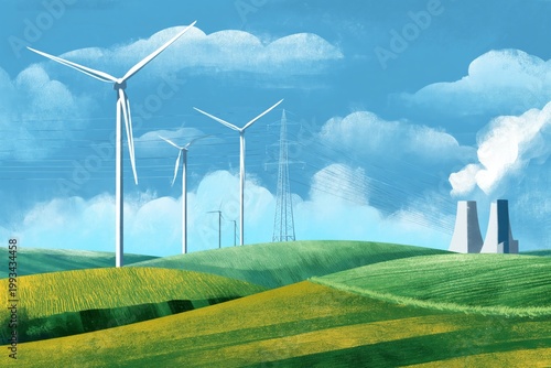 Wind Turbines and Power Plant View on Green Hills Under Blue Sky