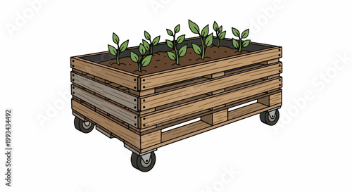 Wooden planter box on wheels with young plants growing in soil