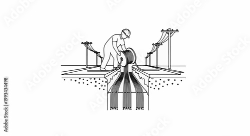Worker installs cables from overhead lines into an underground conduit system