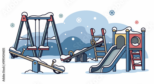 Winter playground with swings, slides, and seesaws covered in snow