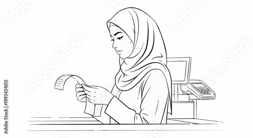 Woman in hijab at cash register checks receipt