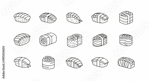 A collection of fifteen isometric illustrations of various sushi types