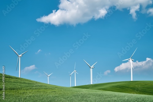 Wind Turbines Generate Energy on Green Fields Under a Blue Sky With Clouds