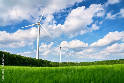 Wind Turbines Stand Tall in a Green Field Under a Clear Blue Sky With Clouds