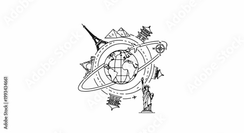 A circular graphic depicts a globe surrounded by famous landmarks and an airplane