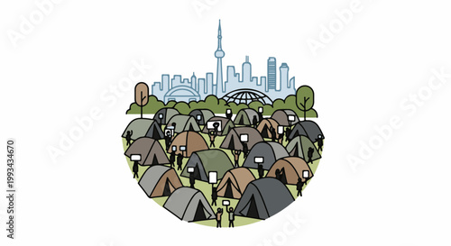 A city skyline looms over a large encampment of tents with tiny figures