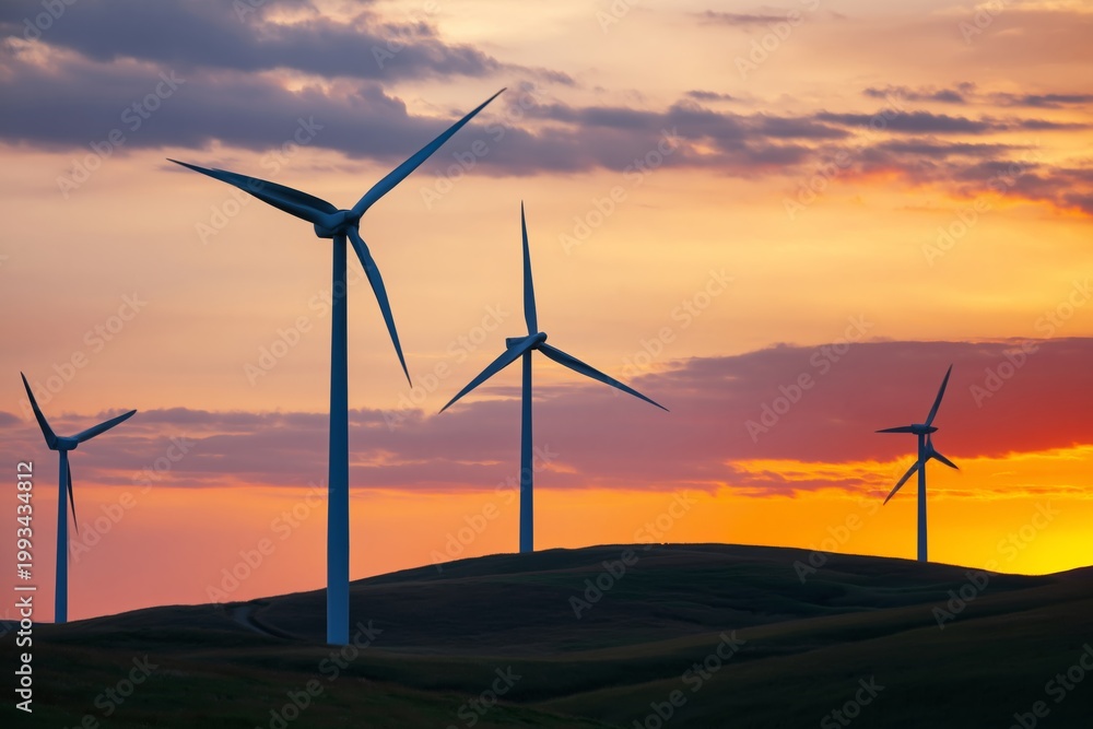 Obraz premium Wind Turbines Stand Against a Sunset Sky in a Rural Area With Hills and Clouds
