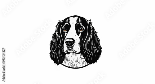 A stylized black and white illustration of a dog's face