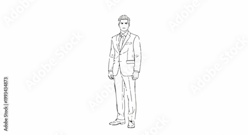 A stylized sketch of a man in a suit stands formally