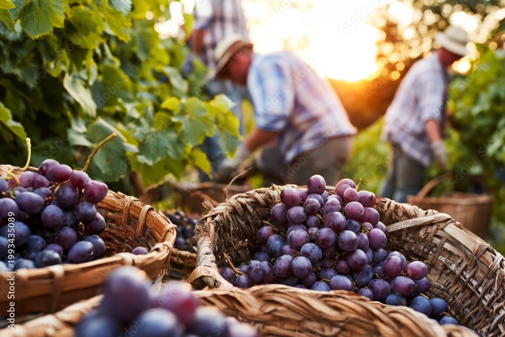 Fototapeta premium Workers Harvest Grapes in Vineyard During Sunset in Late Summer Season
