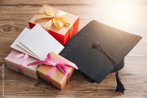 Graduation Celebration With Gifts and a Cap on a Wooden Table in Bright Light