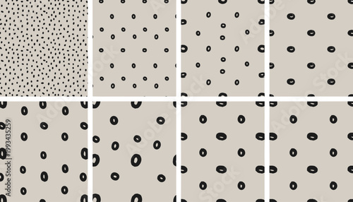 Abstract black and beige seamless patterns with scattered dots and ovals