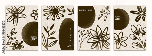 Brochure flyer design, drawing flowers, vector background, floral art, set vertical a4 format