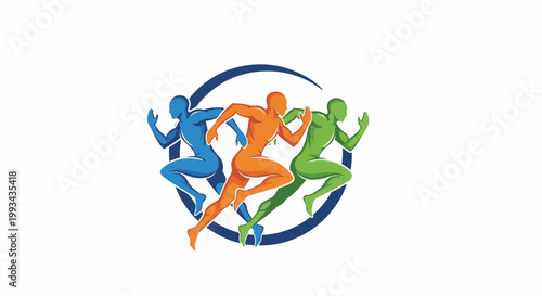 Three colorful figures run around a dark blue circle, representing speed and competition