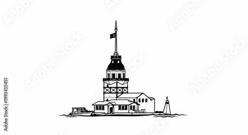 Stylized sketch of a historical tower with a flag, boat, and buoy in water