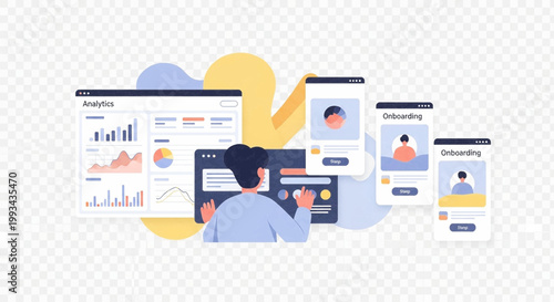 Modern Flat Vector Illustration of Data Analytics Dashboard and Mobile App Onboarding UI Design Concept