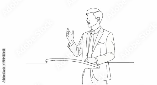 A man in a suit gestures while speaking behind a podium