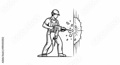 A person in overalls and hard hat operates a jackhammer to break apart a concrete wall