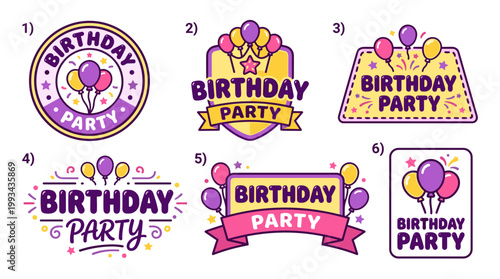 Birthday Party Logo Set: Children's Celebration Emblems with Balloons, Stars, and Playful Typography