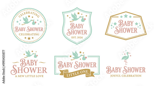 Baby Shower Logo Set: Six Pastel Mint and Blush Pink Emblems with Stork and Stars