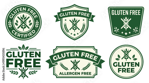Gluten Free Product Label Emblem Set: Allergen Free Food Certification Badges and Icons