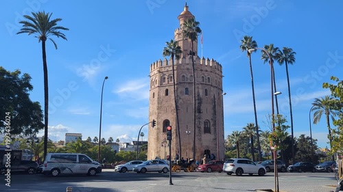 Sevilla Spain. Historic Architecture and Palm Trees Around a Towering Landmark in a Vibrant City Setting. Stunning Views of Iconic Landmarks and Lush Greenery. Generative AI