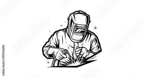 A person in protective gear is welding, sparks flying from the metal