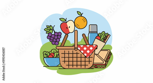 A picnic basket overflows with fruits, sandwiches, salad, and a drink