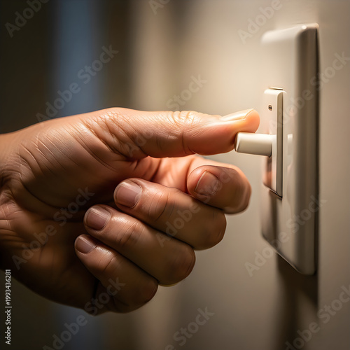 Hand flipping a light switch on a beige wall with finger