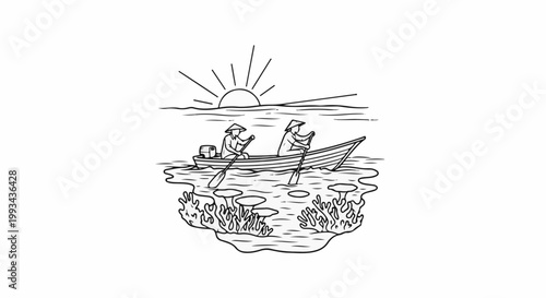 Two people row a boat under a rising sun, with coral below