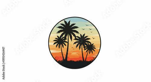 Tropical sunset silhouette with palm trees and birds
