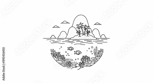 Tropical island with palm trees, ocean waves, and underwater coral reef with fish