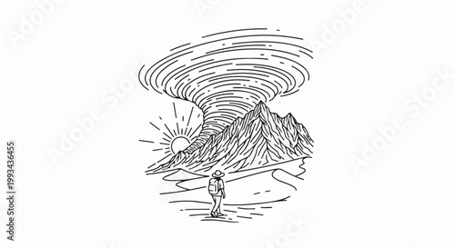 Traveler faces a large tornado over mountains with sun setting