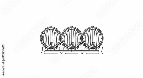 Three wooden barrels with taps, lined up on a stand