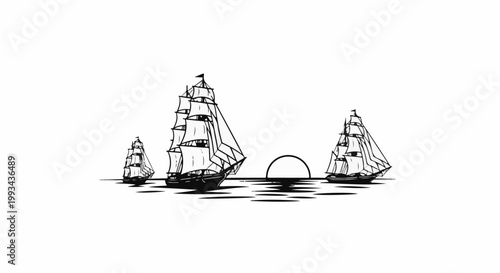 Three vintage sailboats traverse calm waters under a setting sun