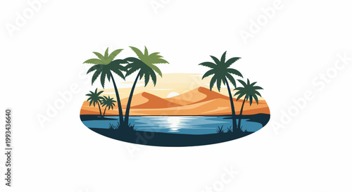 Sunset over a serene desert oasis with palm trees and shimmering water