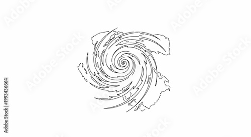 Stylized outline of a swirling vortex over landmass outlines