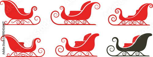 Santa Sleigh Icon Set Featuring Classic Christmas Sledge Designs with Decorative Swirls for Holiday Decorations and Festive Winter Vector Illustration