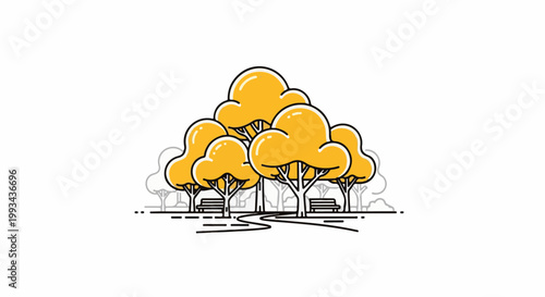 Stylized park scene with golden autumn trees, benches, and a winding path