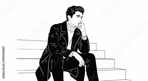 Stylized black and white sketch of a man in a trench coat, seated and pensive