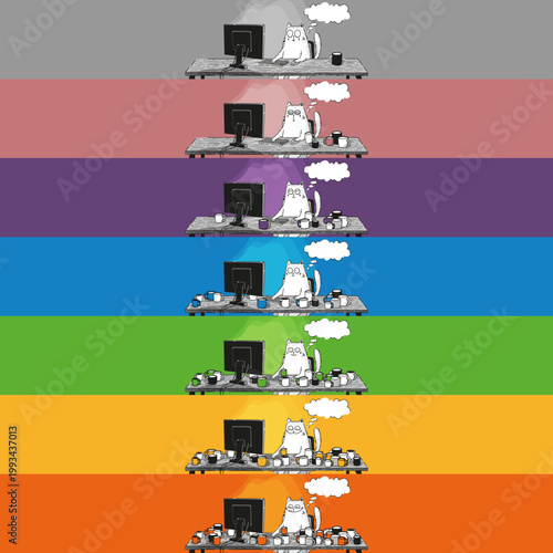 Evolution of work burnout set, cat drinking coffee at desk from morning to night.
