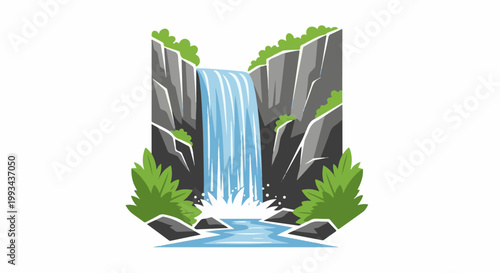 Stylized cartoon waterfall cascading down rocky cliffs into a pool