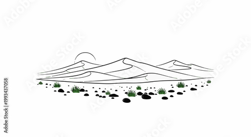 Stylized desert landscape with rolling dunes, sparse vegetation, and pebbles under a sun