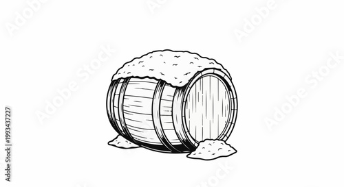 A wooden barrel overflows with frothy liquid, resting on a white background