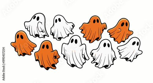Spooky and playful orange and white ghosts float across a white background