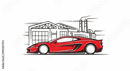Red sports car at factory with smokestacks