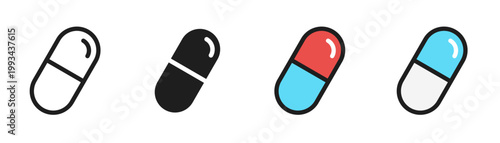 Capsule icon set. Drug capsule symbol. Medicine pills capsule. Health, pharmaceutical, antibiotic, vitamin