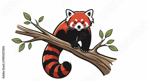 Cartoon red panda with striped tail perched on a tree branch
